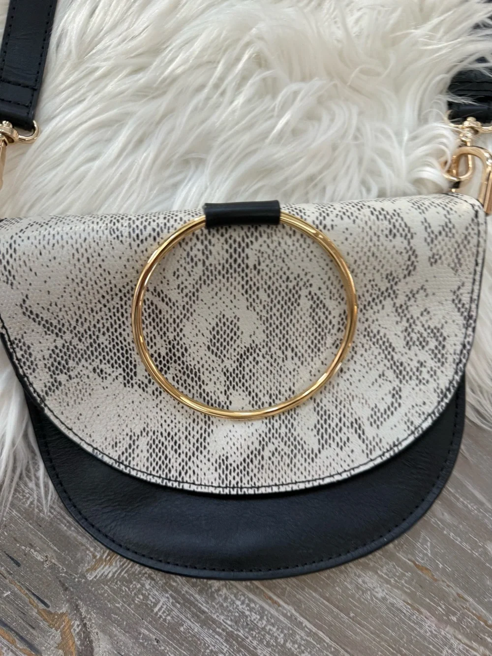ABLE Fozi Slim Leather Crossbody Satchel Black & White Snake Print Ring Handba